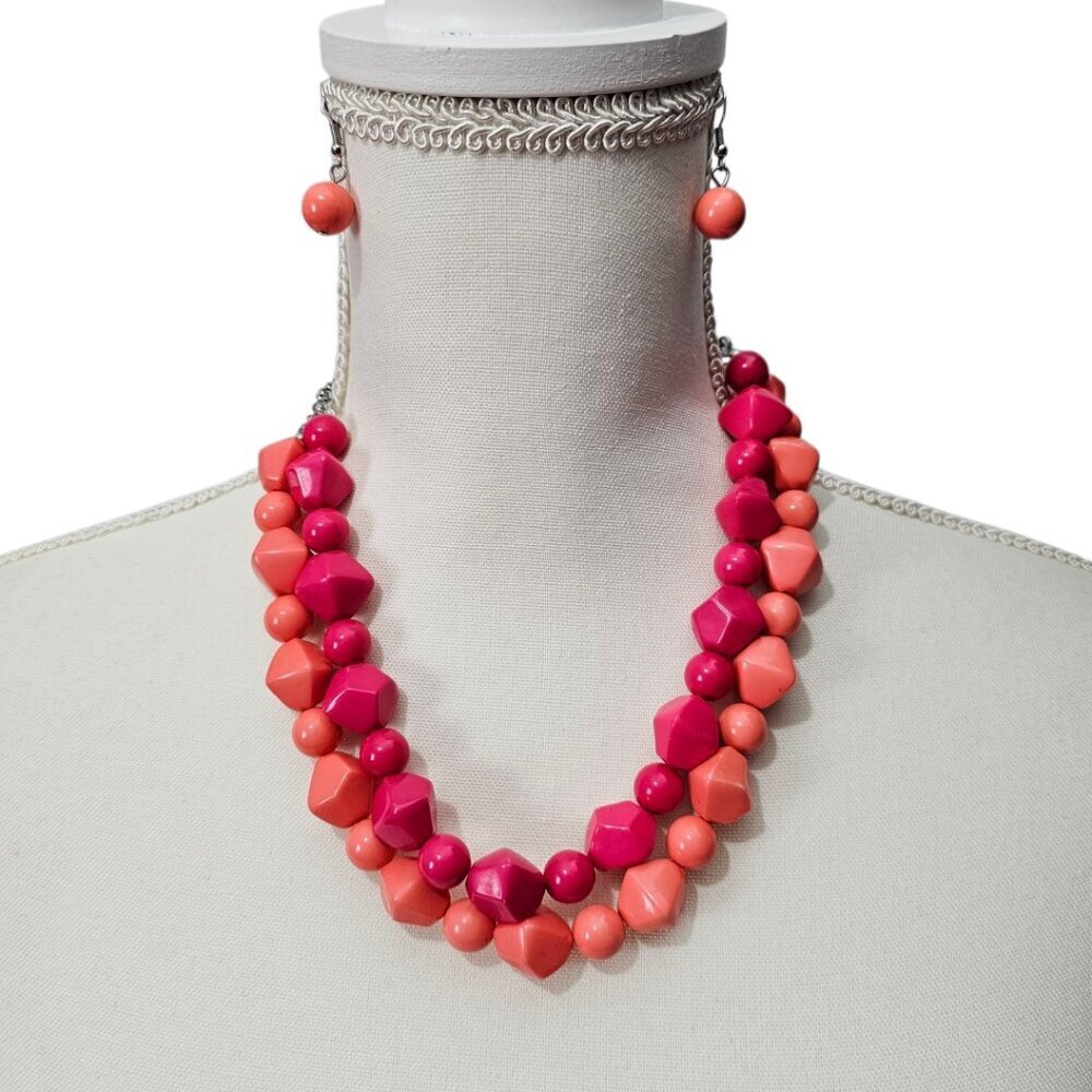 Paparazzi Retro Beaded Acrylic Pink & Orange Double Strand Necklace Earring Set